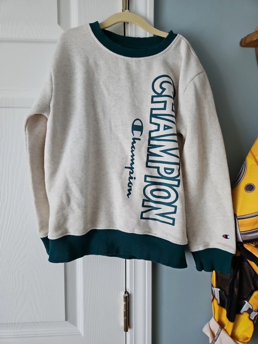 Champion Kids Cream Sweatshirt with Teal Trim and Vertical Logo